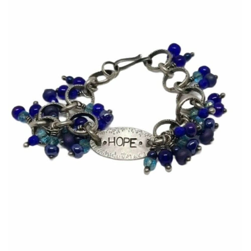 Charm Bracelet Hope Silver Tone Dangle Rings  Multi shade Blue Beads